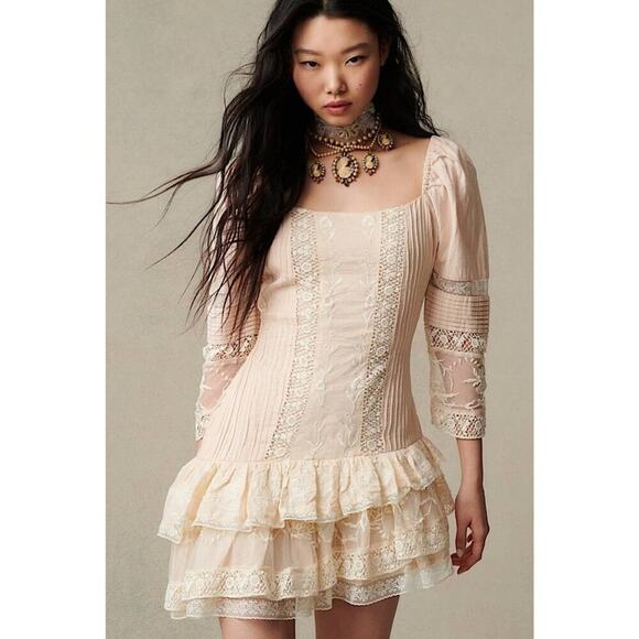 LoveShackFancy Dresses & Skirts - Loveshackfancy Cotton Lace Ruffles Mini Dress 3/4th Sleeves Floral Cream Size 6